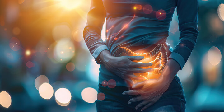 Diverticulitis Distress: The Abdominal Pain and Bloating - Picture a person holding their lower abdomen, with bloating indicated by a puffy stomach, illustrating the abdominal pain and bloating