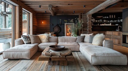 Naklejka premium Cozy Rustic Cabin Living Room Interior