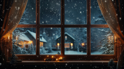 A cozy house window peering out to a snowy Christmas night, portrayed in 3D with hyper-realistic precision, magic blanketing the world outside,
