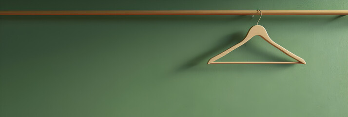 Empty wooden lacquered clothes hanger hang on green wall, on brass cob.  - obrazy, fototapety, plakaty