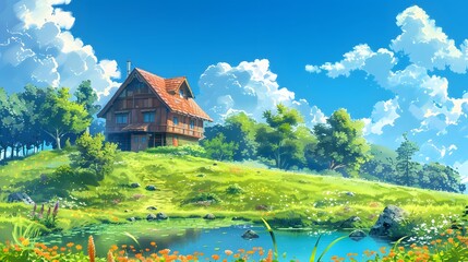 Picturesque Japanese anime-style countryside scene featuring a wooden house and vibrant greenery under a sunny sky