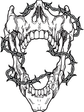 Open Skull Mouth wrapped in barbed wire