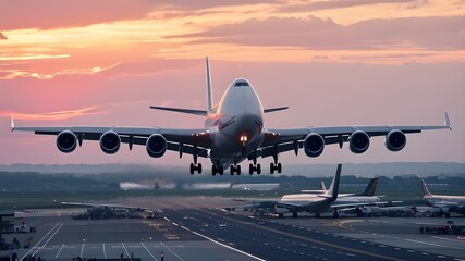Fototapeta na wymiar Airplane landing on airport runway.