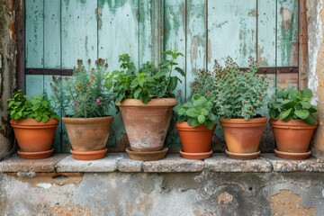 A cluster of rustic terracotta pots brimming with aromatic herbs, nestled against the weathered facade. - obrazy, fototapety, plakaty