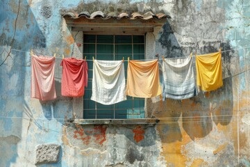 A colorful array of laundry hanging against the textured backdrop of the aged wall, dancing in the breeze. - obrazy, fototapety, plakaty