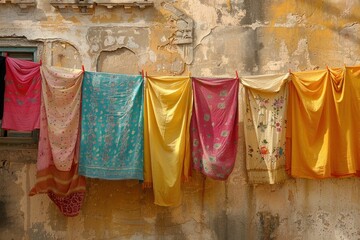 A colorful array of laundry hanging against the textured backdrop of the aged wall, dancing in the breeze. - obrazy, fototapety, plakaty