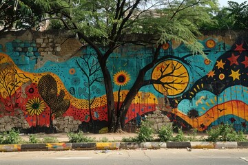 A colorful graffiti mural depicting a whimsical scene, transforming the aged wall into a work of art. - obrazy, fototapety, plakaty
