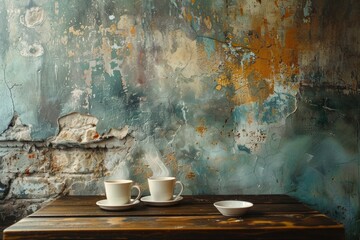 A cozy café table set with steaming mugs, nestled against the textured backdrop of the timeworn wall. - obrazy, fototapety, plakaty