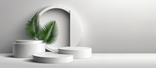 Minimal abstract cosmetic background for product presentation. Cosmetic bottle podium and green palm leaf on grey color background. 3d render illustration.ai generated - obrazy, fototapety, plakaty