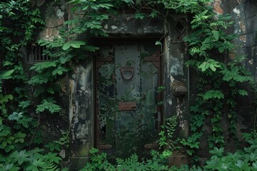 A dilapidated door enveloped by lush foliage, hinting at the hidden beauty within the abandoned building. - obrazy, fototapety, plakaty