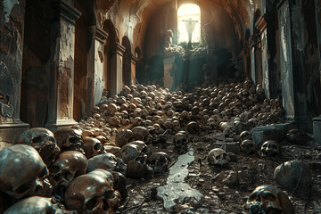 Hundreds of skulls in catacombs - obrazy, fototapety, plakaty