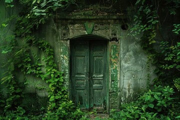 A dilapidated door enveloped by lush foliage, hinting at the hidden beauty within the abandoned building. - obrazy, fototapety, plakaty