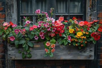 A rustic window box overflowing with vibrant blooms, bringing a touch of nature to the urban landscape. - obrazy, fototapety, plakaty