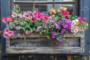 Fototapeta na wymiar A rustic window box overflowing with vibrant blooms, bringing a touch of nature to the urban landscape.