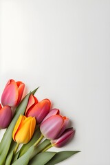 Tulips in vibrant hues against a background with copy space for text writing 