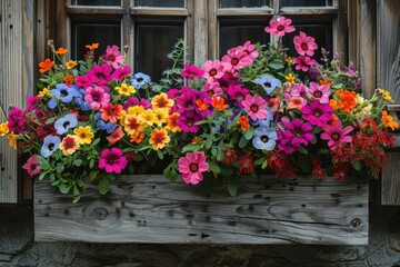 A rustic window box overflowing with vibrant blooms, bringing a touch of nature to the urban landscape.