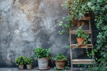 A rustic wooden ladder propped against the textured wall, adorned with lush greenery in rustic pots. - obrazy, fototapety, plakaty
