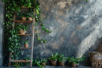 A rustic wooden ladder propped against the textured wall, adorned with lush greenery in rustic pots. - obrazy, fototapety, plakaty