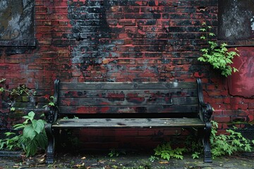 A solitary bench nestled against the crumbling brick wall, offering a serene spot to admire the urban decay. - obrazy, fototapety, plakaty