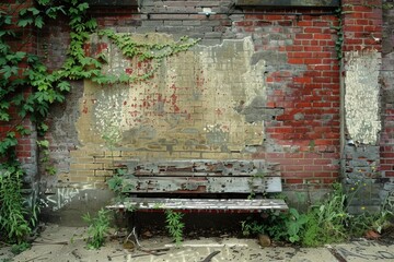 A solitary bench nestled against the crumbling brick wall, offering a serene spot to admire the urban decay.