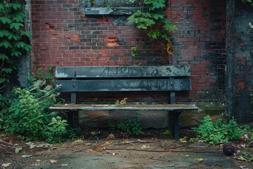 A solitary bench nestled against the crumbling brick wall, offering a serene spot to admire the urban decay. - obrazy, fototapety, plakaty