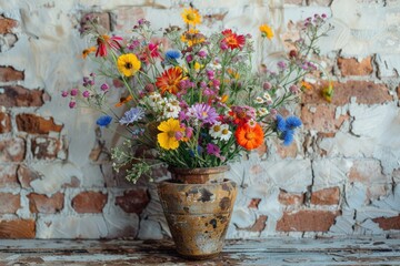 A vibrant bouquet of wildflowers in a rustic vase adorning the weathered brick wall backdrop. - obrazy, fototapety, plakaty