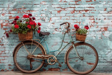 Fototapeta na wymiar A vintage bicycle adorned with flowers, parked against the textured brick wall, evoking a sense of nostalgia.
