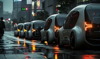 Capture the sleek, metallic finish of rear-facing autonomous robots in a futuristic cityscape using photorealistic digital rendering techniques