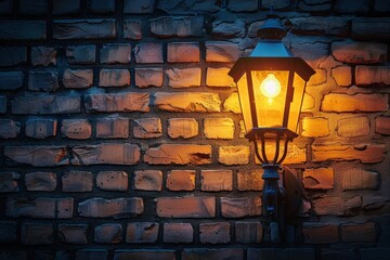 Fototapeta na wymiar A vintage street lamp casting a warm glow against the weathered bricks, illuminating the tranquil evening scene.