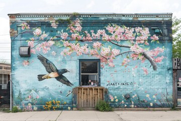 A whimsical mural of a soaring bird amidst blossoming trees, breathing life into the worn facade.