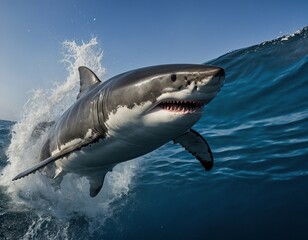 Magnificent shot of a breaching great white shark, emphasizing the awe-inspiring power and majesty...