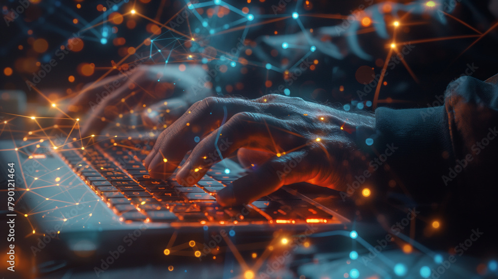 Poster the man's fingers dance across the keyboard as he stares intently at the screen, surrounded by a mes
