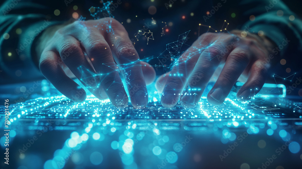 Aufkleber the man's fingers dance across the keyboard as he stares intently at the screen, surrounded by a mes