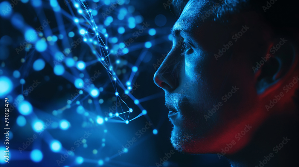 Poster as the man leans forward, his face obscured, the holographic blockchain projection above him shimmer