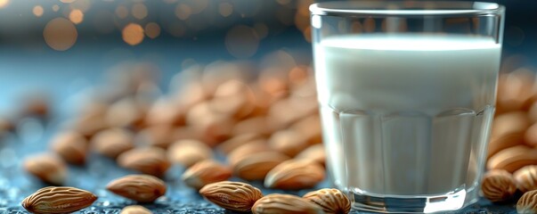 Glass of almond milk on blue background - obrazy, fototapety, plakaty