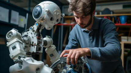 Surrounded by innovation, the engineer prototypes a next-gen humanoid robot, envisioning breakthroughs in AI-driven human-robot interaction and mobility. - obrazy, fototapety, plakaty