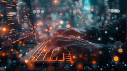 The man's fingers dance across the keyboard as he stares intently at the screen, surrounded by a mesmerizing web of glowing blockchain nodes and connections, resembling a luminous - obrazy, fototapety, plakaty