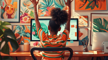 Surrounded by art and motivational posters, a dark-skinned woman throws her hands up in excitement, her computer screen showing a glowing report of her success, her infectious smil