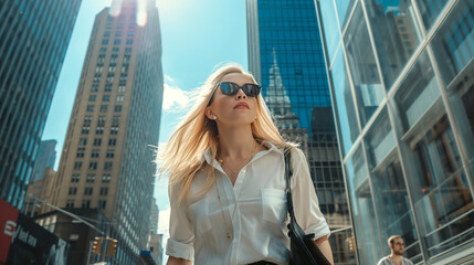 Along a bustling city sidewalk, a stylish young white-skinned woman strides confidently, skyscrapers rising around her, her hair blowing in the urban breeze, hinting at the vibrant
