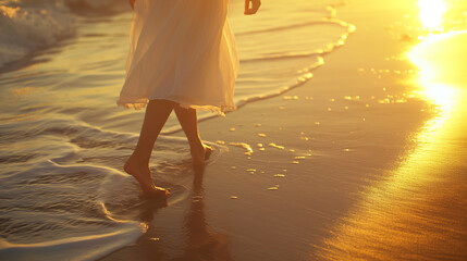 On a sandy beach at sunset, a white-skinned woman walks barefoot near the water's edge, the golden light reflecting off the waves, creating a serene and peaceful atmosphere around