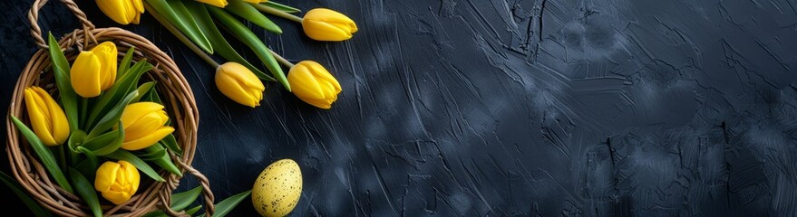 Yellow tulips and Easter eggs in a basket on a black background, top view, easter concept banner with copy space area for text, top view.