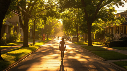 Through a quiet suburban neighborhood, a young dark-skinned woman walks down tree-lined streets, the afternoon sun casting long shadows across the pavement, creating a tranquil and