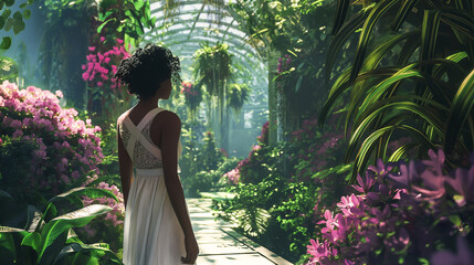 In a lush botanical garden, a dark-skinned woman wanders along winding paths, surrounded by exotic blooms and verdant foliage, the air filled with the fragrance of flowers, creatin