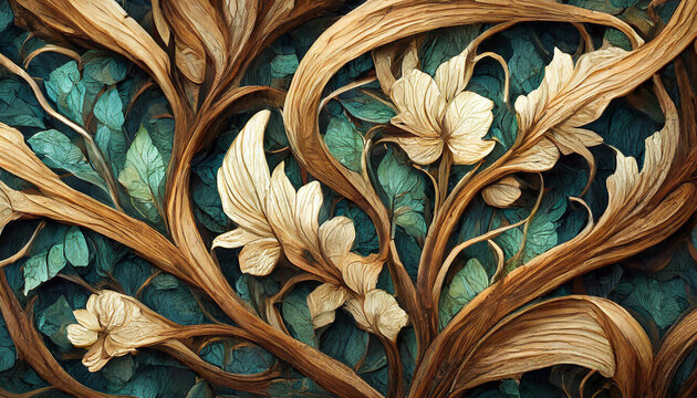 Intertwined flowers and leaves