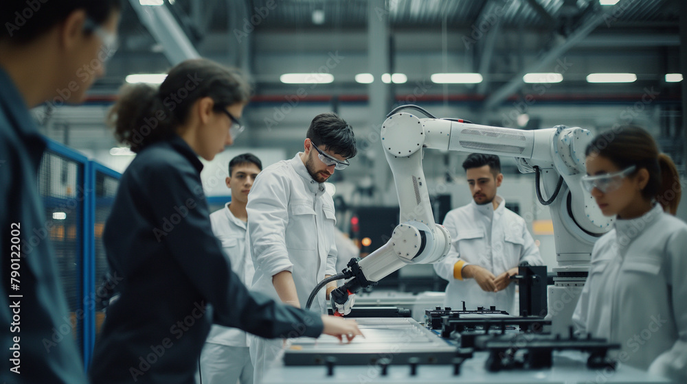 Aufkleber surrounded by a team of engineers, the robotics specialist presents a concept for ai-driven industri