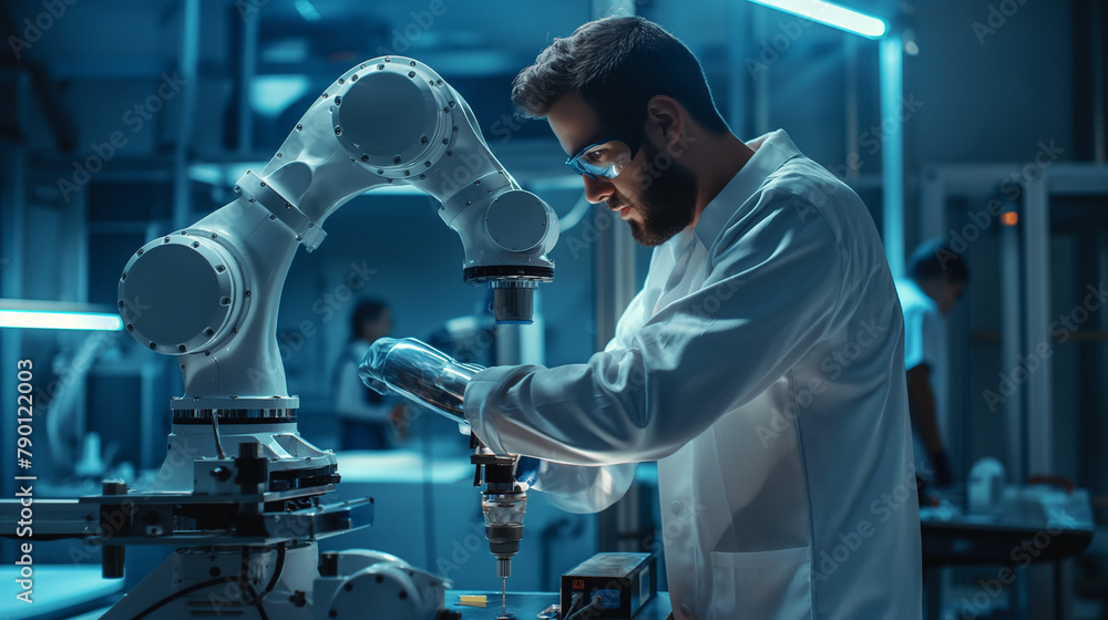 Aufkleber surrounded by a team of engineers, the robotics specialist presents a concept for ai-driven industri