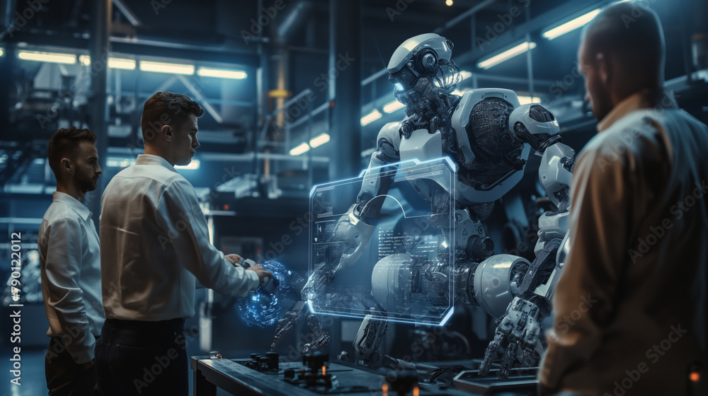 Aufkleber Surrounded by a team of engineers, the robotics specialist presents a concept for AI-driven industrial automation, visualizing the future of smart manufacturing.