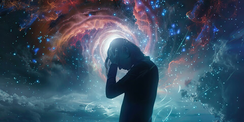 Concussion Crisis: The Headache and Dizziness - Picture a person holding their head, surrounded by stars and swirls, depicting a headache and dizziness - obrazy, fototapety, plakaty