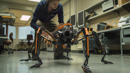 In a dynamic R&D environment, the engineer tests a quadrupedal robot's locomotion capabilities, exploring adaptive control strategies for varied terrain. - obrazy, fototapety, plakaty