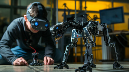 In a dynamic R&D environment, the engineer tests a quadrupedal robot's locomotion capabilities, exploring adaptive control strategies for varied terrain. - obrazy, fototapety, plakaty